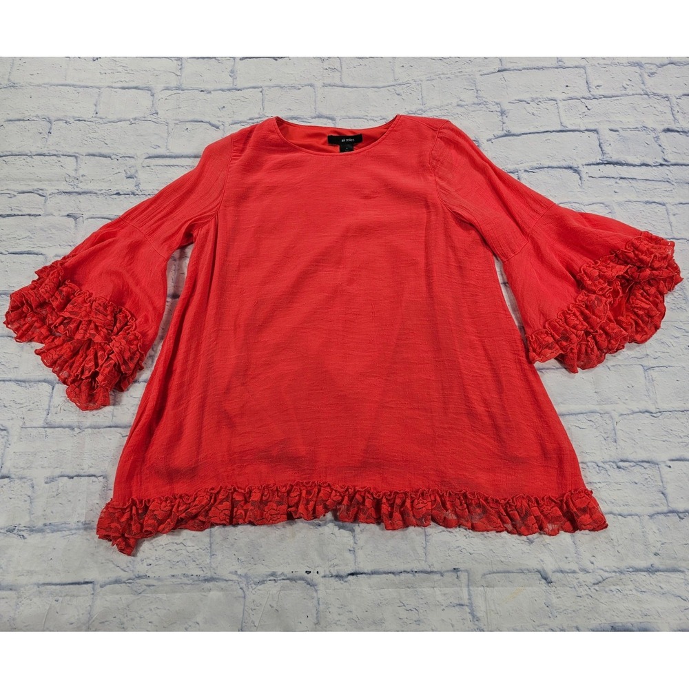 Ali Miles Tunic Top Women Medium Coral Bell Sleeve Lace Ruffle Boho Textured